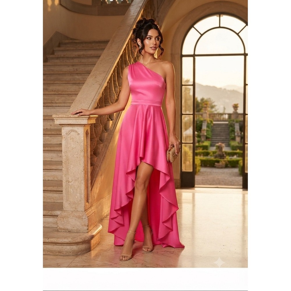 New Ieena for Mac Duggal One Shoulder High Low Satin Formal Gown Hot Pink M